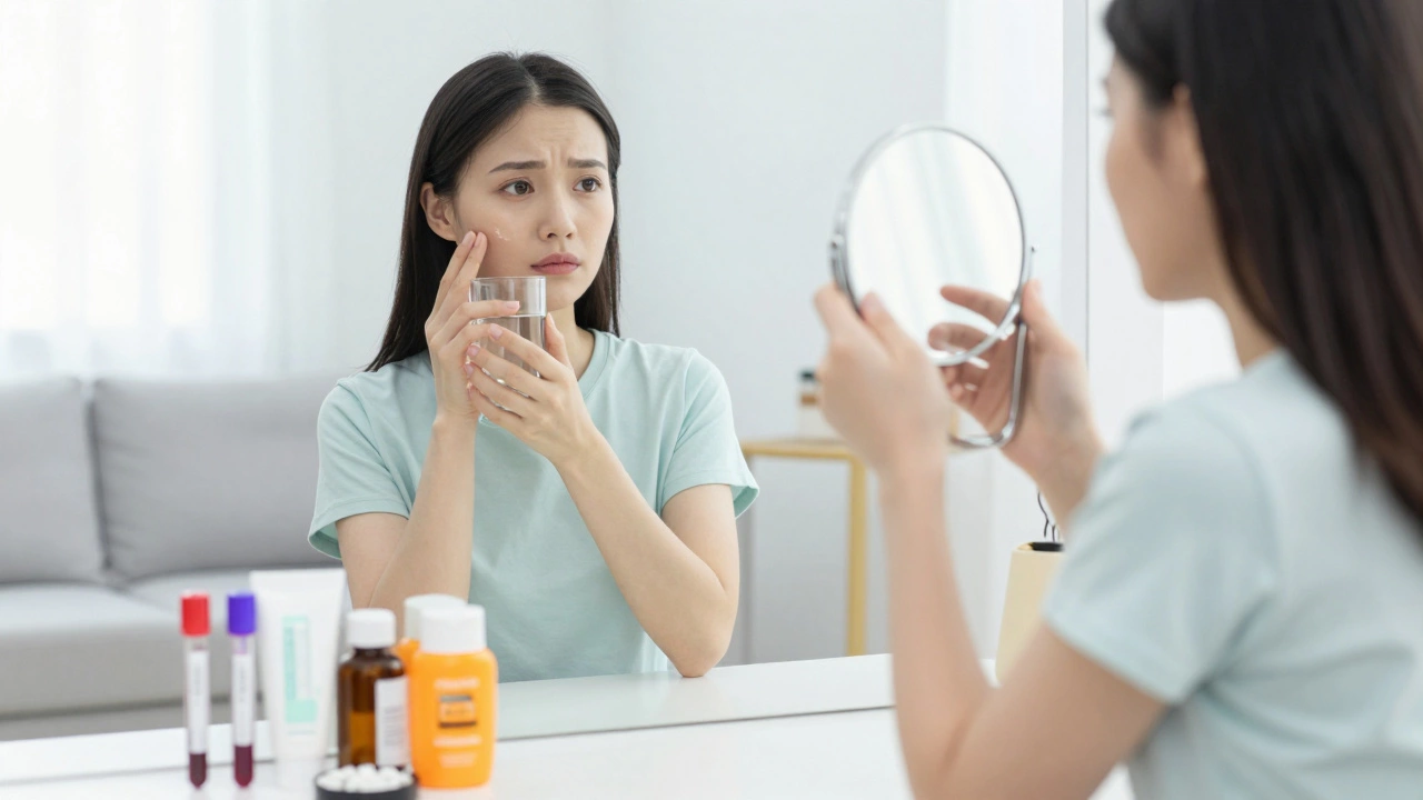 Женщина проверяет кожу, акцент на здоровье и уходе